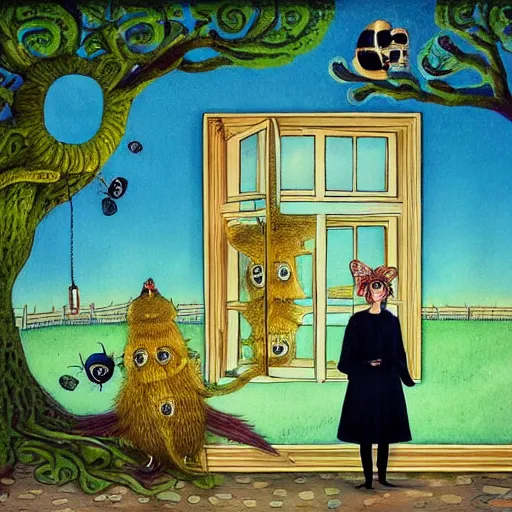 Image similar to a portrait of a woman standing infront of a window, she is happy and has lovely hair and eyes, a man is standing behind her with a look of suprise in his face, 🪴🌳🐝, 8 k, lowbrow, in the style of daniel merriam and alexander jansson,