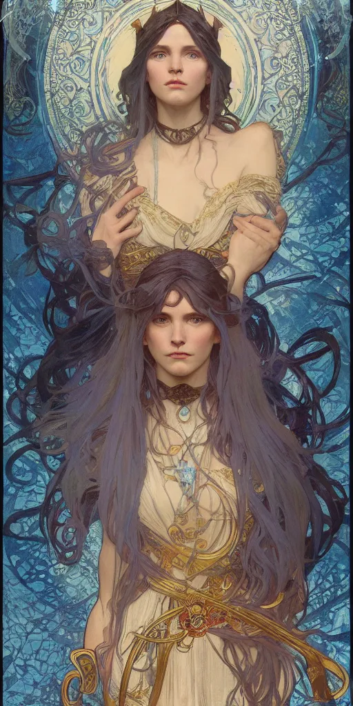 Image similar to Beautiful female wizard with blue robes wearing an intricate arcane makeup, digital art, art by Alphonse Mucha, Greg Rutkowski, Alex Ross, WLOP, Artstation, 8K