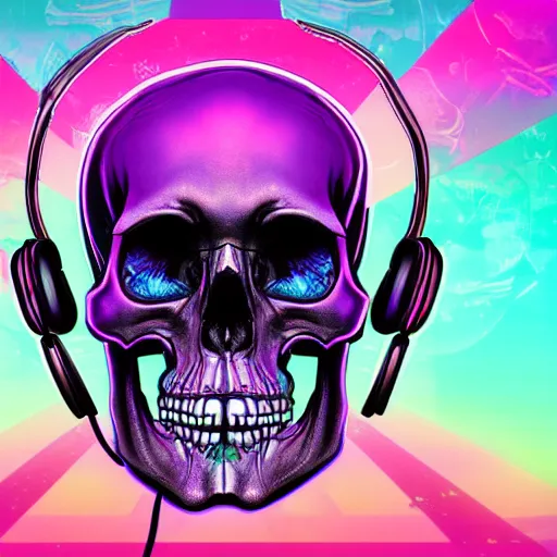 Image similar to human skull with headphones, retrowave, synthwave, psychedelic background with sacred geomerty elements in style of alex gray, digital art, artstation