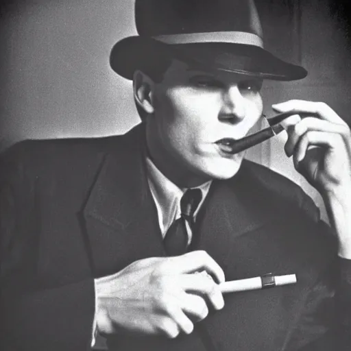 Image similar to jerma 9 8 5 as a private investigator, noir style, 1 9 4 0's, film photograph, high detail, smoking a cigarette, grainy