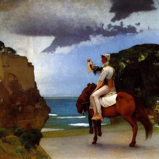 Image similar to Magician riding a horse leaving the castle through the bridge, thunderstorm, beach ocean on the background major arcana sky, by paul delaroche, alphonse mucha, arnold böcklin,hyperrealistic 8k, very detailed, portrait