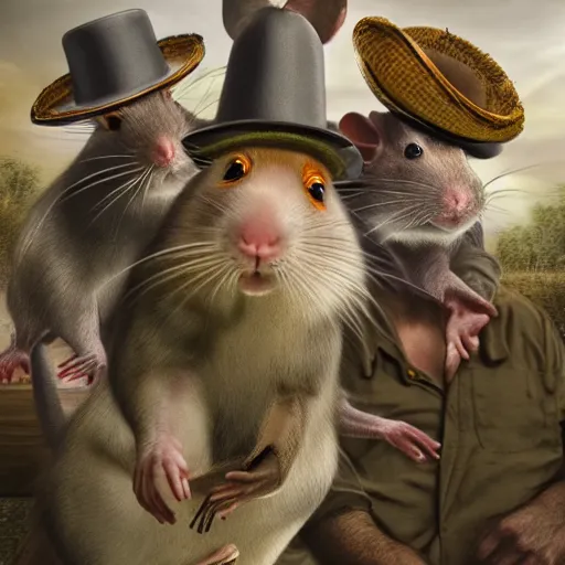 Prompt: large Rats eating a man in a hat, hyper realistic, hdr, cinematic
