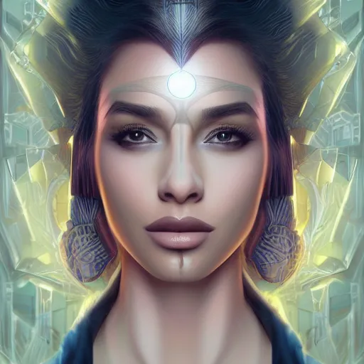 Image similar to symmetry!! solid cube of light, hard edges, product render retro - futuristic poster scifi, beautiful gorgeous india woman, intricate, elegant, highly detailed, digital painting, artstation, concept art, smooth, sharp focus, illustration, dreamlike, art by artgerm