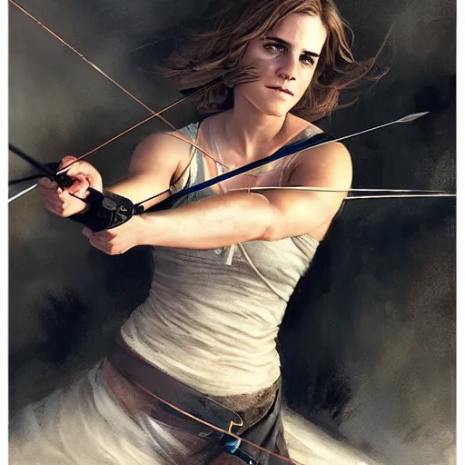 Image similar to portait of a very muscled emma watson archer shooting arrow, front game card, drark, marvel comics, dark, intricate, highly detailed, smooth, artstation, digital illustration by ruan jia and mandy jurgens and artgerm and wayne barlowe and greg rutkowski and zdislav beksinski