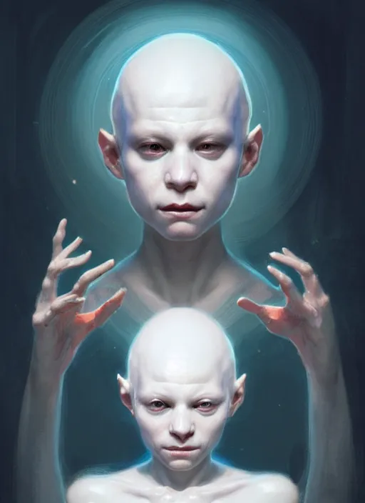 Image similar to portrait of an albino bald sick child oracle, ancient oracle, intricate, elegant, glowing lights, highly detailed, digital painting, artstation, concept art, smooth, sharp focus, art by wlop, mars ravelo and greg rutkowski