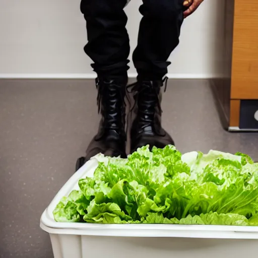 Image similar to man with black pants and black boots standing in a plastic bin of lettuce