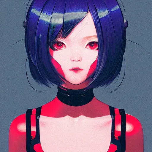 Image similar to A beautiful cyborg woman with big and cute eyes || VERY ANIME, fine-face, red and black robotic parts, realistic shaded perfect face, fine details. Anime. realistic shaded lighting poster by Ilya Kuvshinov katsuhiro otomo ghost-in-the-shell, magali villeneuve, artgerm, Jeremy Lipkin and Michael Garmash, Rob Rey and Kentarõ Miura style, trending on art station