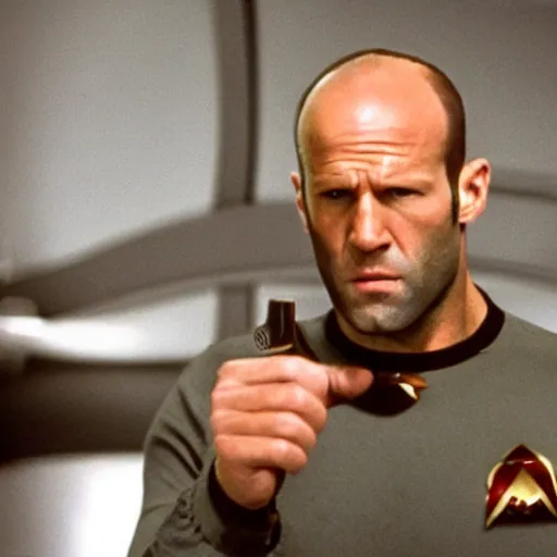 Prompt: ultra - realistic photo of jason statham as jean luke picard telling the bridge of the enterprise to engage.