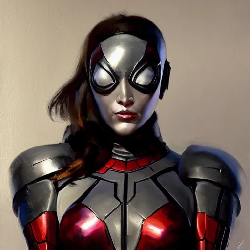 Image similar to greg manchess portrait painting of partially armored female iron spiderman as overwatch character, medium shot, asymmetrical, profile picture, organic painting, sunny day, matte painting, bold shapes, hard edges, street art, trending on artstation, by huang guangjian, gil elvgren, ruan jia, greg rutkowski, gaston bussiere