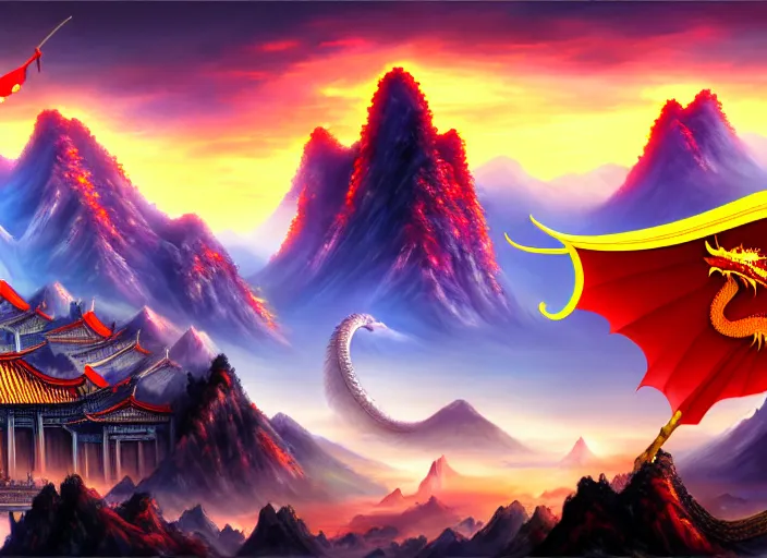 Image similar to Chinese president, bananas weapon, battle, dragon, centered, highly detailed, mountains, epic composition, background, fantasy art, oil painting, 4k