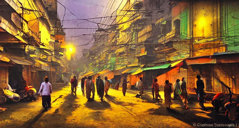 Prompt: calcutta streets, artwork by salman toor, cinematic light, atmospheric effects
