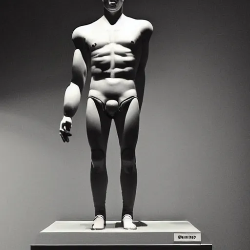 Image similar to “ a realistic detailed photo of a guy who is an attractive humanoid who is half robot and half humanoid, who is a male android, soccer player antoine griezmann, shiny skin, posing like a statue, blank stare, at the museum, on display ”