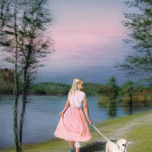 Image similar to a beautiful girl wearing white dresses beautiful face, clear facial features, walking with a dog, john martin landscape lake evening, pastel pink and blue colors