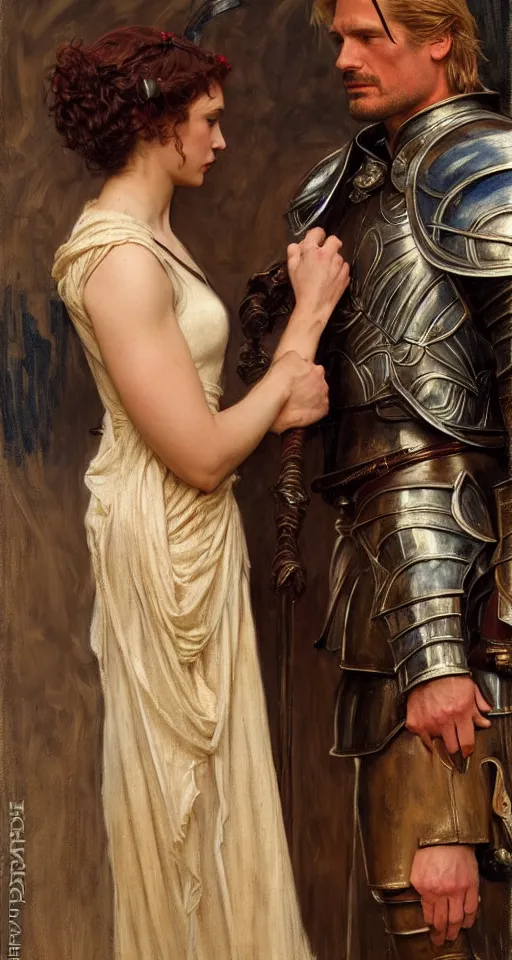 Image similar to attractive fully clothed jaime lannister confesses his love for attractive fully armored brienne of tarth. highly detailed painting by gaston bussiere and j. c. leyendecker 8 k