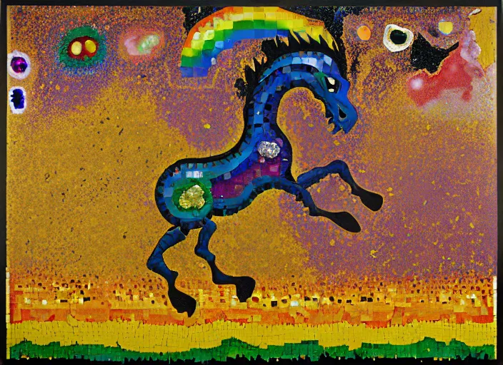 Prompt: expressionistic pixelated decollage painting golden armor alien zombie horseman riding on a crystal bone dragon broken rainbow diamond maggot horse in a blossoming meadow full of colorful mushrooms and golden foil toad blobs in a golden sunset, distant forest horizon, painted by Mark Rothko, Helen Frankenthaler, Danny Fox and Hilma af Klint, graffiti buff, pixel mosaic, semiabstract, color field painting, byzantine art, pop art look, naive, outsider art, very coherent symmetrical artwork. Bekinski painting, part by Philip Guston and Adrian Ghenie, art by George Condo, 8k, extreme detail, intricate detail, masterpiece