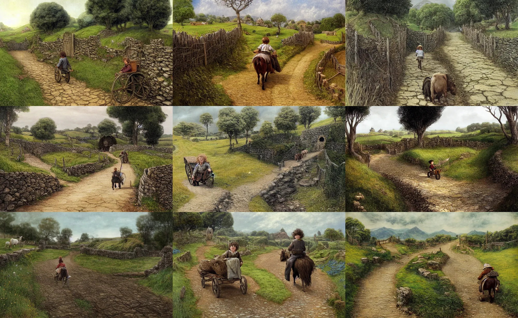 Prompt: a jolly hobbit riding on a cart down a dirt path in the shire, by alan lee, intricate, detailed fences and stone walls, cattle and farms in the background, digital art, artstation, oil painting.