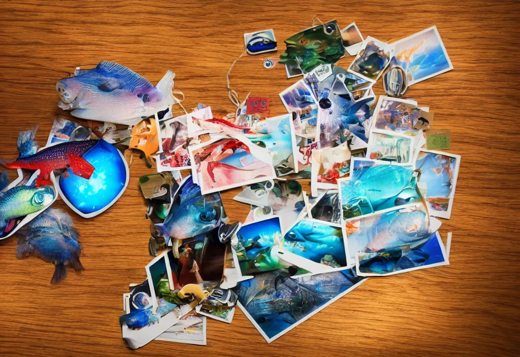 Prompt: 3 d fishes popping out of curved movie screen floating in bedroom, volumetric lighting, sleeping, pair of keycards on table, bokeh, creterion collection, shot on 7 0 mm, instax