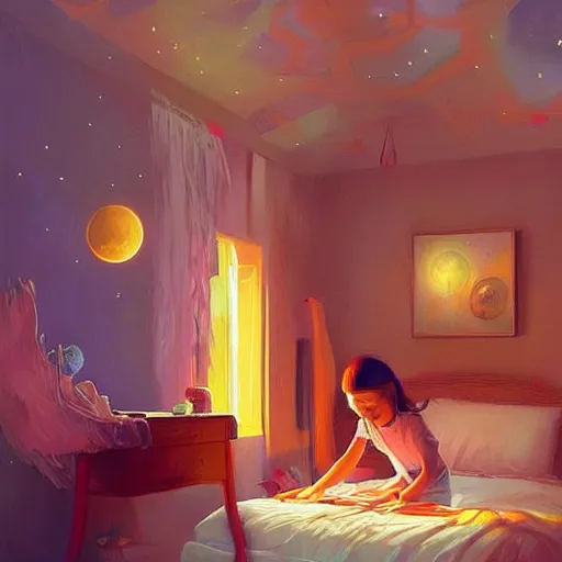 Image similar to a child goddess creating a universe in her room at night. Detailed. Elaborate. Intricate. Digital art. Masterpiece. By Krzysztof Maziarz. RHADS. Repin.