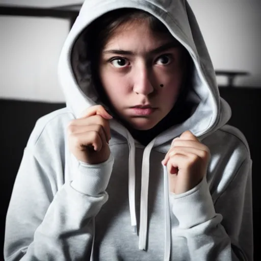 Prompt: a portrait of a moody female teenager in a hoodie, photograph, dramatic lighting