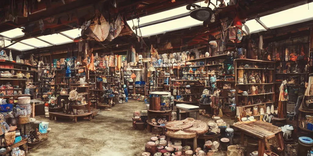 Image similar to interior of a sundry shop at pulau indah fishing village, near a jetty, half empty shelves, early morning, detailed matte painting, low angle view, telephoto lens, bokeh, studio ghibli, artstation