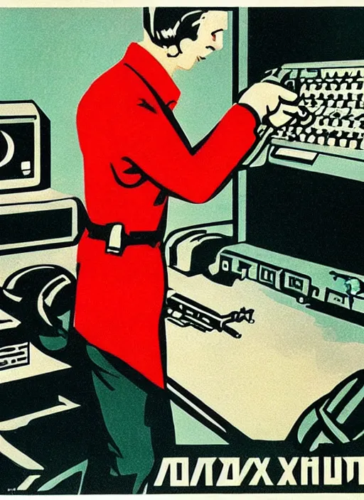 Image similar to a Soviet Russia propaganda poster of a programmer shooting a gun at a computer