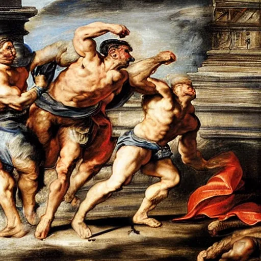 Image similar to a realistic painting of two gladiators fighting each other inside the colosseum, hot weather, brutal fight, extreme detail, action pose Peter Paul Rubens