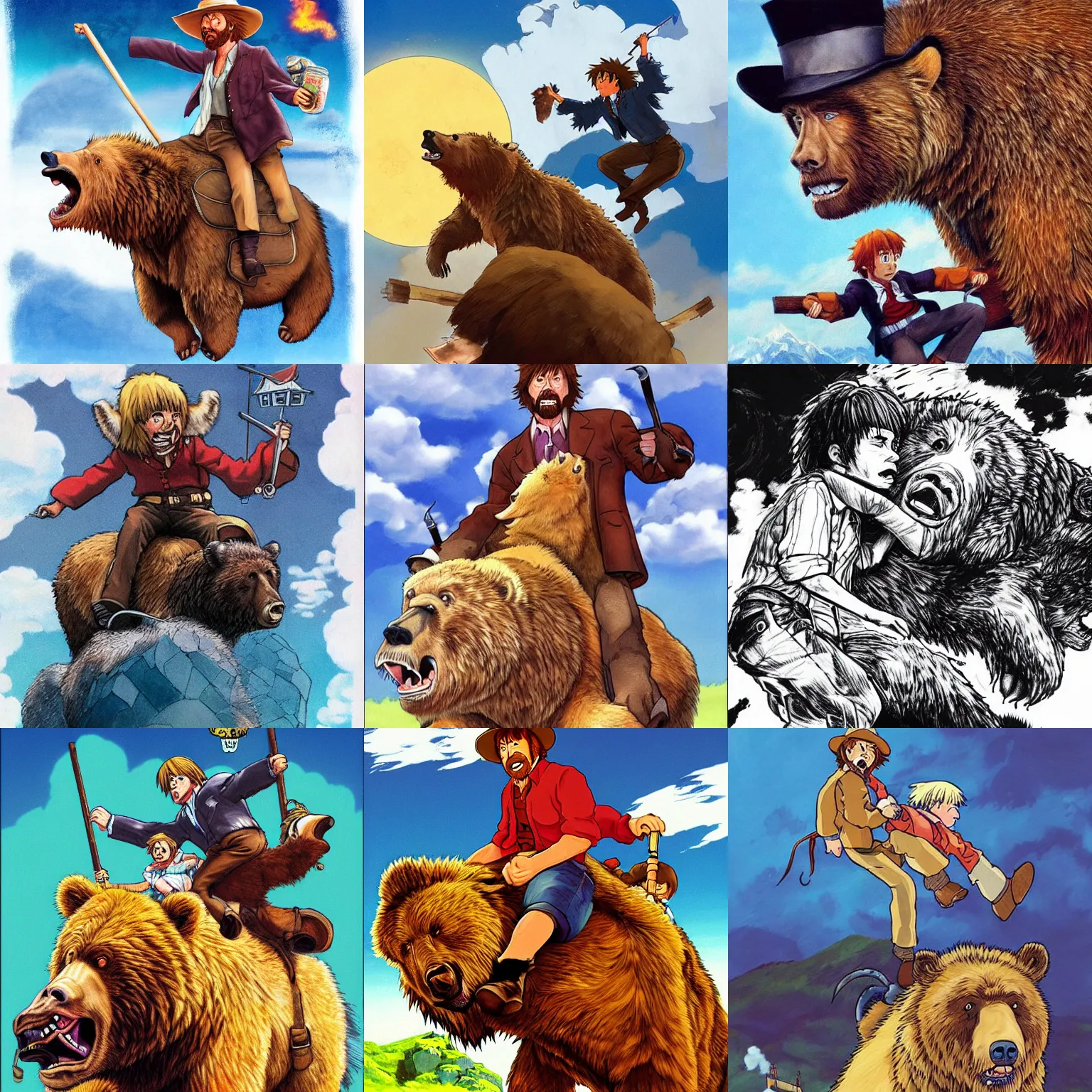 Prompt: semi realistic illustration of chuck norris riding a giant grizzly bear in the style of howl's moving castle by miyazaki