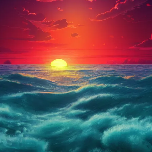 Image similar to sunset landscape ocean album cover, cartoon digital painting, detailed, beautiful brush stroke rendering, by beeple, by hayao miyazaki, by takashi murakami, by masahiro ito, 4 k wallpaper