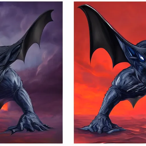 Image similar to front and back character view of scary, giant, mutant, mutated, dark blue humanoid bat, glowing red eyes, flying above a stormy ocean, sharp teeth, acid leaking from mouth, realistic, giant, bat ears, bat nose, bat claws, bat wings, furred, covered in soft fur, detailed, trending on artstation clean concept art and sheet that using unreal engine 5 render and hyper detailed 3D texture with cinematic software light 85mm f/1.4