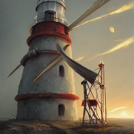 Prompt: level windmill lighthouse turbine propeller sails in Hand Crafted from composite materials by Futuristic Steampunk Savant Neurocrafter Gnomes. Painting by anato finnstark greg rutkowski Donato Giancola Jeff Simpson tombow