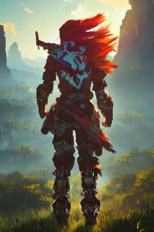 Image similar to combination suit armor aloy horizon forbidden west horizon zero dawn radiating a glowing aura global illumination ray tracing hdr fanart arstation by ian pesty and alena aenami artworks in 4 k tribal robot ninja mask helmet backpack