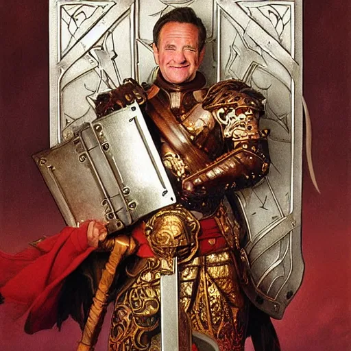 Image similar to an ultradetailed portrait of robin williams dressed as a fantasy holy paladin, carrying a large tower shield, d & d, fantasy, intricate, elegant, highly detailed, digital painting, matte, sharp focus, illustration, plate armor, god rays, art by john collier and albert aublet and krenz cushart and artem demura and alphonse mucha