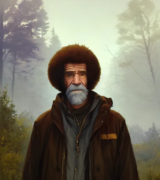 Image similar to Highly detailed portrait of homeless Bob Ross, in GTA V, Stephen Bliss, unreal engine, fantasy art by Greg Rutkowski, Loish, Rhads, ferdinand knab, Makoto Shinkai and Lois van baarle, ilya kuvshinov, rossdraws, Tom Bagshaw, global illumination, radiant light, detailed and intricate environment