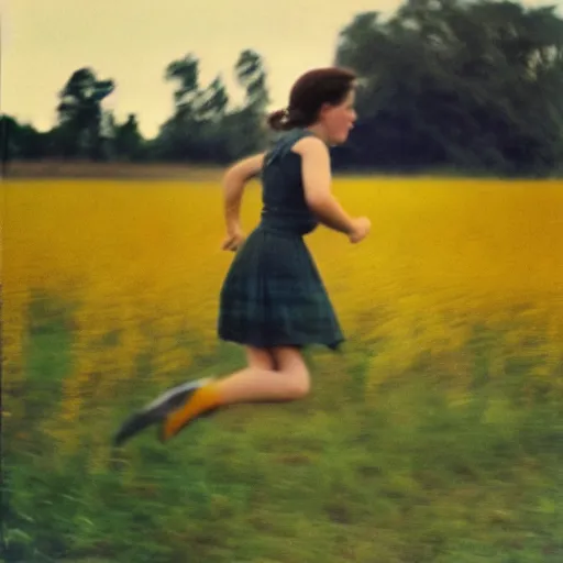 Image similar to kodachrome photo of a girl running through a field, in a dress, vintage, faded image, color bleed, grainy, motion blur, 1960s, 1950s