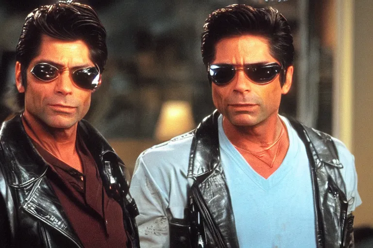 Prompt: uncle jesse from full house, he looks like a terminator, metal on his face, one red eye, movie still, from the movie terminator, 8 k, cinematic lighting