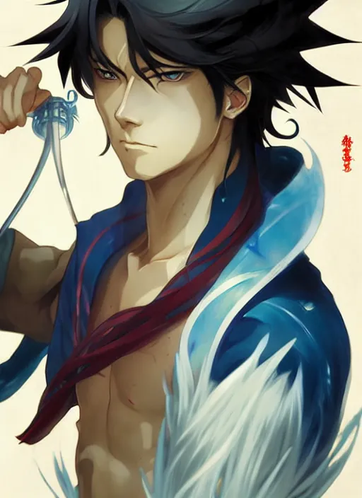 Prompt: Anime portrait tanjiro handsome water swordman kimmetsu no yaiba , digital painting, concept art, d&d, art by ufotable and Artgerm and Greg Rutkowski and Alphonse Mucha