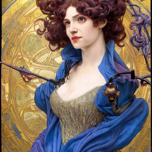 Image similar to Masterpiece head and shoulders portrait of Gwen from League of Legends of Arcane animated Series as with blue long and very curly pigteils and arcane maid outfit drawn by Donato Giancola and Tom Bagshaw, Edmund Leighton, Alphonse Mucha, background by James Jean and Gustav Klimt, 4k, porcelain skin, volumetric lighting, komorebi, french nouveau, trending on artstation, octane render, hyperrealistic