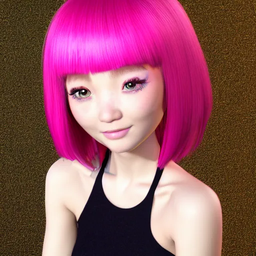 Image similar to A portrait of Nikki from Shining Nikki and Love Nikki, a cute 3d cgi toon young woman with long light pink hair, full bangs, hazel eyes, full round face, light makeup, pale skin, Chinese heritage, in the center midground, medium shot, mid-shot, hyperdetailed, 8k, trending on artstation, as a Pixar character