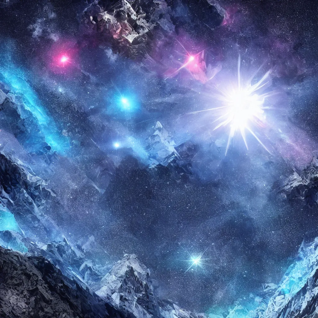 Image similar to vertical, mountains, limit, universe, galaxy, upwards, photo, blue sky, realistic, highly detailed, cinematic, glowing ice comets falling down