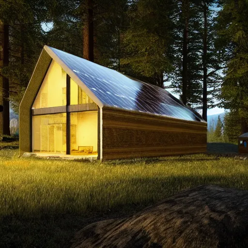 Image similar to solarpunk chapel from the outside in nature, forest and mountains, beautiful lighting, photorealistic, detailed