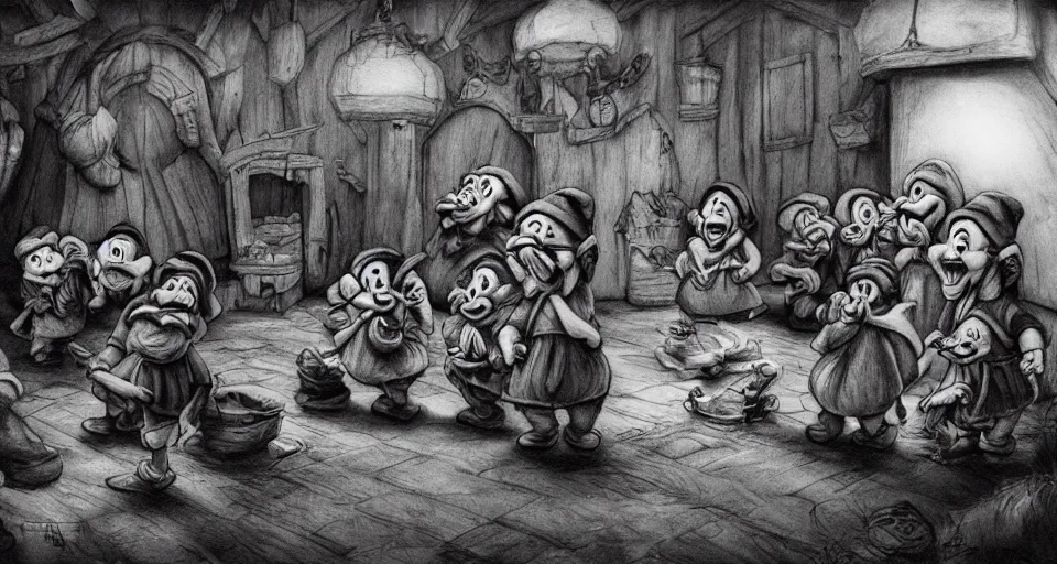Image similar to seven dwarfs, realistic, scary, dark atmosphere, horror
