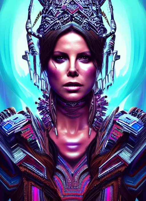 Image similar to portrait, hyper detailed ultra sharp aztec underworld warrior trance girl, breathtaking, kate beckinsale. trending on artstation, warpaint aesthetic, earthwave, colorful, neon, ornate, intricate, digital painting, concept art, smooth, sharp focus, illustration, art by artgerm and greg rutkowski and h. r. giger, 8 k