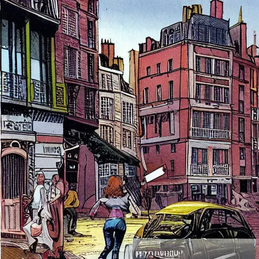 Prompt: a typical Parisian street, in the foreground a man and a woman from behind, in the back at the bottom of the street a spaceship destroying buildings, dc comics style, multiple details
