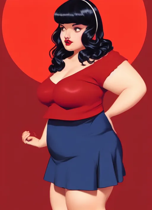 Image similar to full body portrait of teenage veronica lodge, obese, bangs, sultry, realistic, sultry smirk, wavy hair, red skirt, fat, belly, intricate, elegant, glowing lights, highly detailed, digital painting, artstation, concept art, smooth, sharp focus, illustration, art by wlop, mars ravelo and greg rutkowski