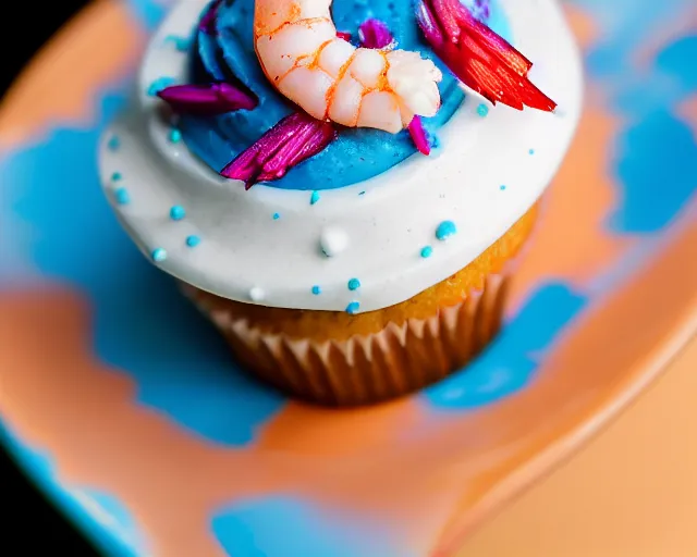 Image similar to dslr food photograph of a cupcake with blue frosting and a shrimp on top, close up, 5 0 mm f 1. 4