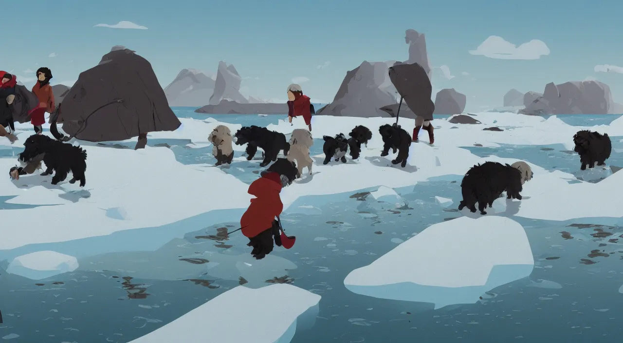 Image similar to havanese dogs dragging arctic explorers by their clothes from the water, 1 9 0 0, tartakovsky, atey ghailan, goro fujita, studio ghibli, rim light, scary, afternoon lighting, clear focus, very coherent