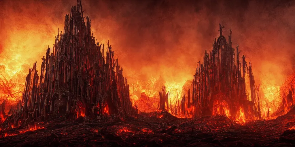 Image similar to a disturbing temple of the undead, grimdark feeling of horror, fire and lava, in psychodelic style of Midjourney, stylized, 8k high details, detailed and intricate, elegant, ornate, horror, elite, ominous, haunting, beautiful digital painting, cinematic, cgsociety, artstation, octane render, 8k, unreal engine