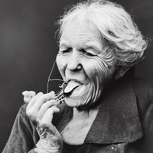 Image similar to an old woman happily swallowing a spider,