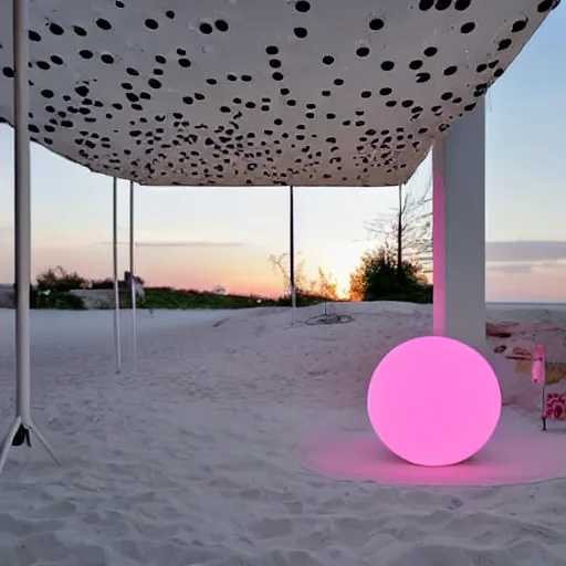 Prompt: An ultra high definition, professional photograph of an outdoor partial IKEA showroom inspired sculpture with a smiley face white dot matrix light sign located on a pastel pink beach ((with pastel pink, dimpled sand where every item is pastel pink. )) The sun can be seen rising through a window in the showroom. The showroom unit is outdoors and the floor is made of dimpled sand. The showroom unit takes up 20% of the frame. A square dot matrix sign displays an emoji somewhere in the scene. Morning time indirect lighting with on location production lighting on the showroom. In the style of wallpaper magazine, Wes Anderson.