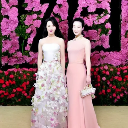 Image similar to zhangziyi and liuyifei in a same frame.flowers around.